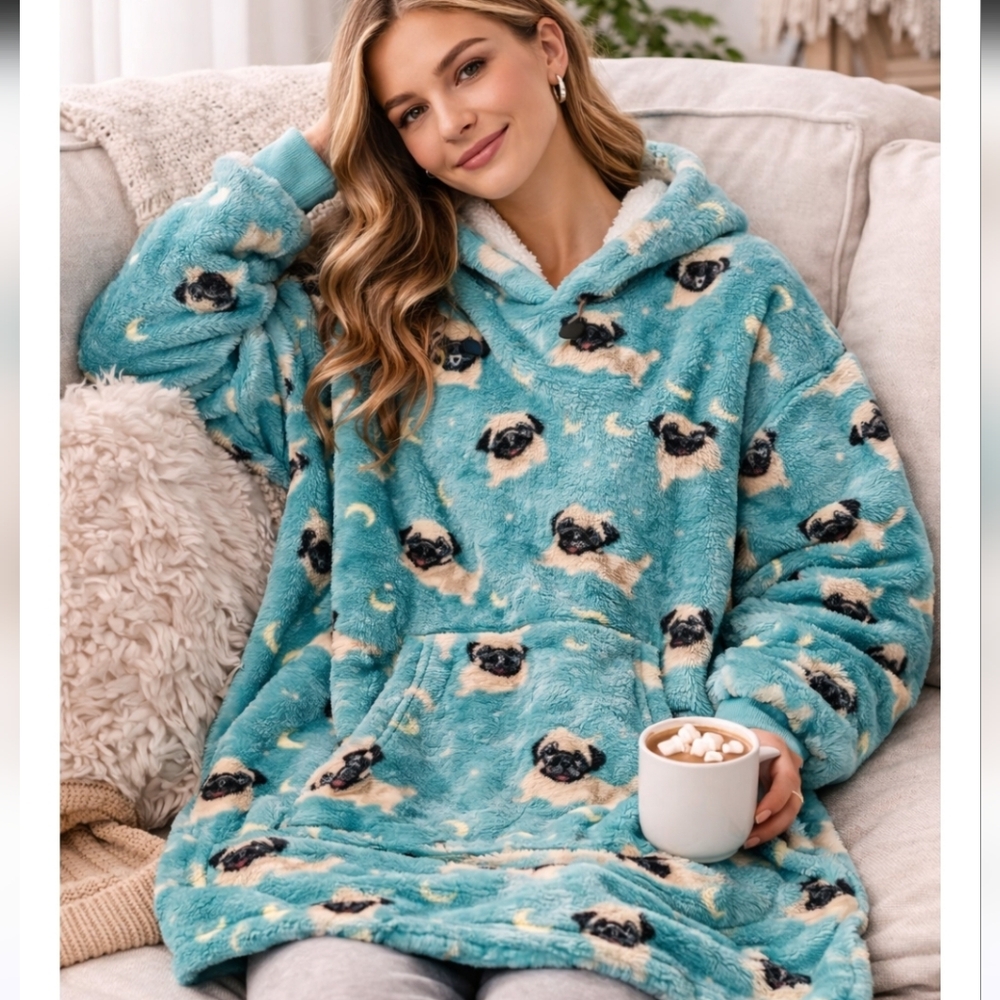 Fourteen Twelve Pug Sherpa Hoodie OS Blue Cozy Plush Oversized Dog Print Sweatsh